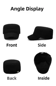 Detailed views of black wool military cap with adjustable metal back buckle and soft lining