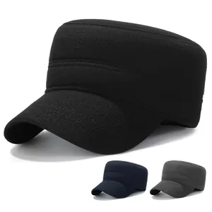 Men's Woolen Cadet Hat With Fleece Lining Built-in Ear Flaps Winter Warm Flat Top Cap Adjustable Size Outdoor Military Hat