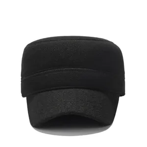 Classic black wool flat top military cap for men with warm winter design and structured fit