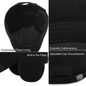 Men's black wool winter cadet cap with fleece lining and adjustable ear flaps