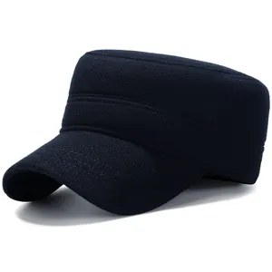 Classic thick wool cadet cap for men featuring a deep crown and flat top design in navy blue