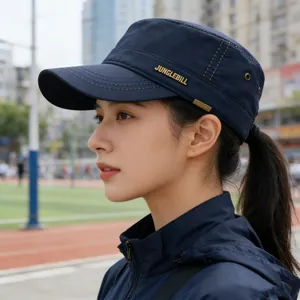 Unisex Casual Polyester Flat Top Cap Adjustable Outdoor Sunshade Hat Breathable Cadet Military Hat Plain Solid Color Headwear