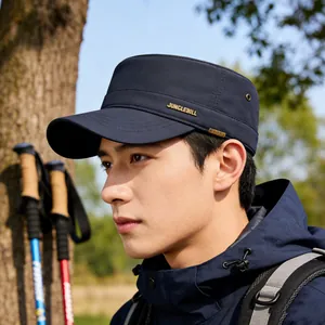 Navy blue flat top military cap with metal logo for outdoor hiking and sports