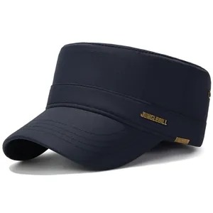 Classic dark blue cadet cap with flat top and gold brand plaque for outdoor wear