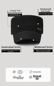 Detail of adjustable black cotton flat top military cap with wide brim and metal logo