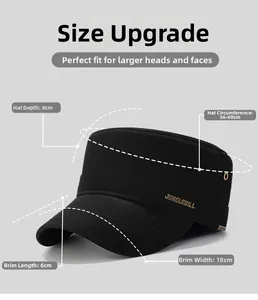 Detail view of JUNGLEBILL twill cotton flat top cap with size dimensions and metal logo