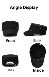 Detailed views of cotton flat top army cap with metal vents and Junglebill logo