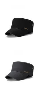 Detail of black cotton twill flat top caps with metal air eyelets and brand hardware