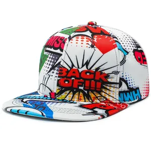White flat brim snapback cap featuring colorful pop art prints and BACK OFF text design