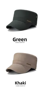 Close-up of dual-layer cotton twill flat top caps with metallic brand labels in khaki and green