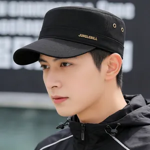 Classic black twill cotton flat top army cap with metallic logo and breathable eyelets