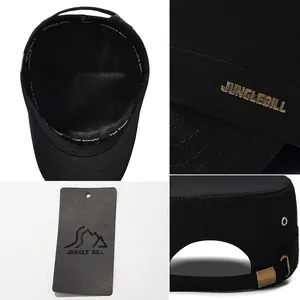 Black cotton flat top army cap by JUNGLE BILL with metal logo and adjustable strap