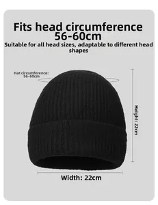 Size guide for black ribbed knit beanie featuring 56-60cm circumference and 22cm height