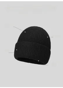 Detail of black ribbed knit beanie showing high-elasticity texture and folded cuff