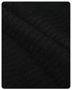 Close-up of black ribbed knit beanie showing soft breathable fabric and warm texture