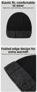 Close-up of contrast knit beanie featuring grey folded brim and ribbed texture details