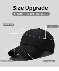 Detailed size chart for winter sheepskin baseball cap showing depth and brim dimensions