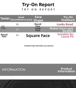 Size chart for winter fleece baseball cap showing try-on reports for various head sizes