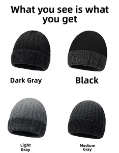 Detail view of winter knit beanies in black, light grey, dark grey and middle grey tones