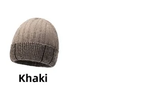 Close-up of khaki ribbed knit beanie showing fine vertical textures and folded cuff