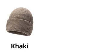 Macro detail of khaki knit beanie showing coarse ribbed texture and soft yarn fabric