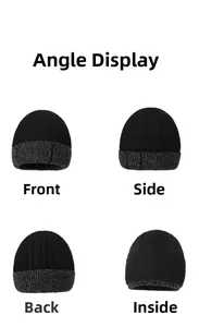 Four-angle view of two-tone knit beanie showing black ribs and grey fleece lining