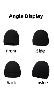 Detail view showing front, side, back and inner lining of black ribbed knit beanie
