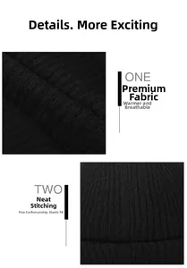 Detail of black ribbed knit beanie showing high-elasticity fabric and premium stitching