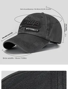 Size chart showing baseball cap dimensions with detailed vintage washed cotton embroidery