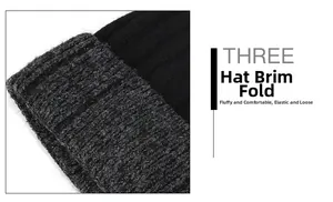 Detail of soft ribbed knit beanie featuring flexible brim and warm textured fabric