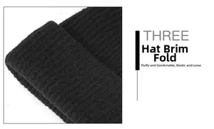 Close-up of black ribbed knit beanie showing the thick folded cuff and soft texture
