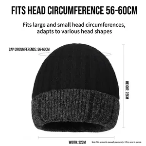 Winter knit beanie in black and dark grey color block with size guide 22x22cm