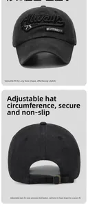 Detail of adjustable metal buckle strap and 3D embroidery on washed cotton baseball cap