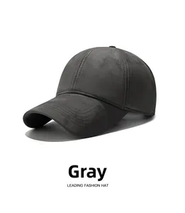 Detail of premium grey faux suede baseball cap showing fine texture and quality stitching
