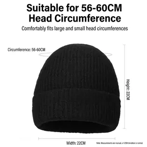 Solid black knit beanie for men and women with dimensions 22x22cm and 56-60cm head size