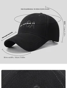 Detailed size guide of black baseball cap with embroidery and breathable cotton texture