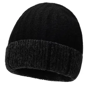 Warm chunky knit beanie in classic black with thick ribbed fold-over cuff for winter