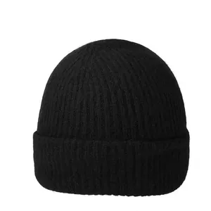 Classic black ribbed knit beanie for men and women featuring a warm foldable cuff design