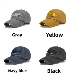 Detail view of washed cotton baseball caps in grey, yellow, navy blue and black colors