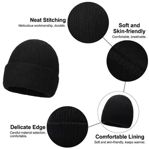 Black ribbed knit beanie for men and women featuring thick folded brim and warm texture