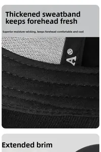 Detail of thickened sweatband and extended brim on a breathable black baseball cap