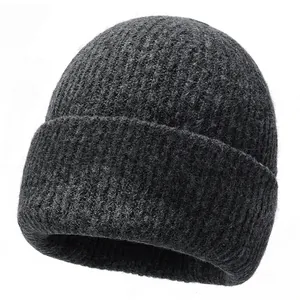 Solid charcoal grey ribbed knit beanie hat with wide cuff for winter warmth and comfort