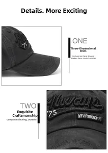 Detailed view of the 3D letter embroidery and vintage washed cotton texture on a baseball cap
