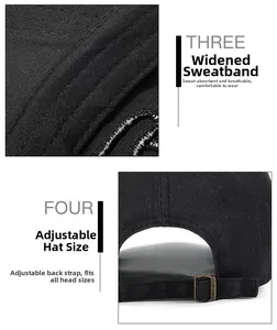 Detail of black cotton baseball cap with sweatband and adjustable metal back buckle