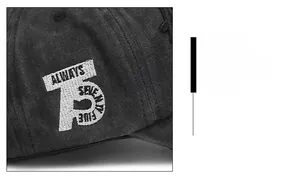 Detail of white 3D letter embroidery on black washed cotton vintage baseball cap