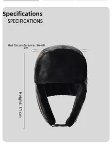 Winter faux fur trapper hat details showing 56-60cm circumference and 31cm height