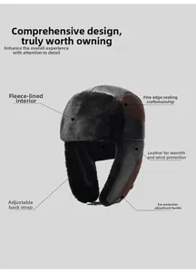 Detail of winter trapper hat showing windproof leather, warm faux fur lining and chin buckle
