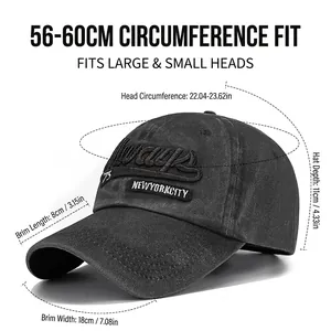 Faded cotton baseball cap with 3D embroidery showing detailed size dimensions