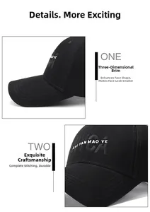 Detail of black cotton baseball cap showing 3D letter embroidery and reinforced brim stitching