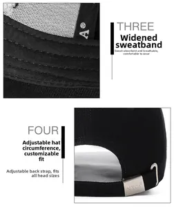 Detail of widened sweatband and adjustable metal buckle with logo on black cotton cap
